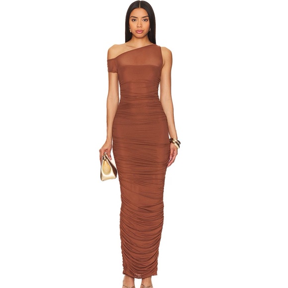 AFRM Dresses & Skirts - AFRM One-Shoulder Ruched Maxi Dress in Brown